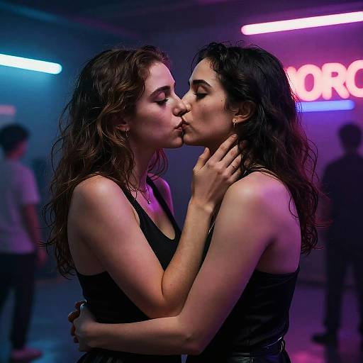 Two Women Kissing in Neon-Lit Room