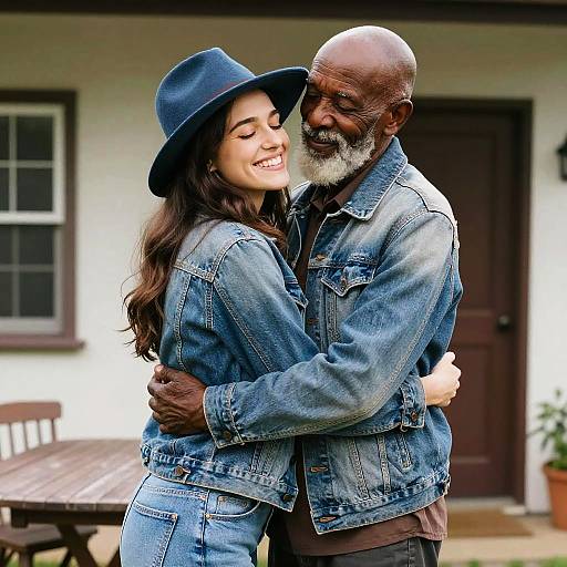 Photograph of a smiling couple embracing outdoors, wearing denim jackets and hats, with the man bald and bearded, standing in front of a white building