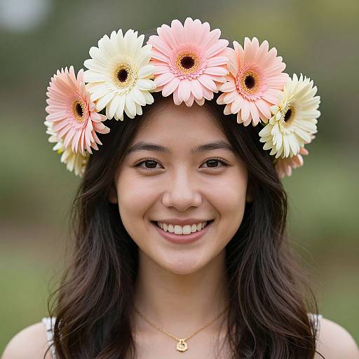 Photograph of a smiling Asian woman with long dark hair, wearing a flower crown of pink and white Gerbera daisies, against a blurred