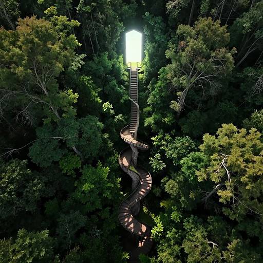 Aerial photograph of a winding, wooden staircase ascending through dense, green forest canopy, illuminated by a bright, glowing light at the top.