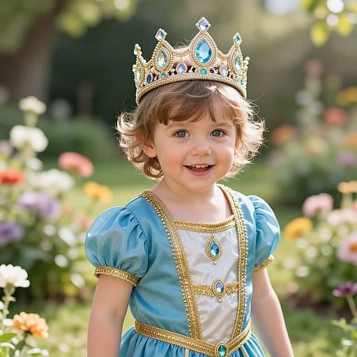 Photograph of a smiling young girl with curly brown hair wearing a gold and turquoise tiara, and a blue dress with gold trim, standing in a
