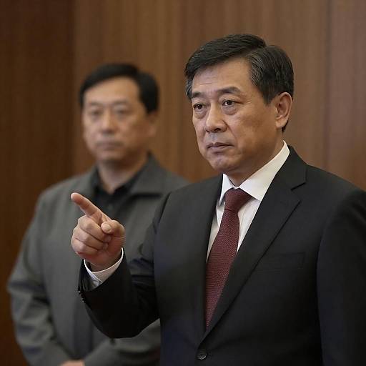 Asian businessman pointing in wooden-paneled room