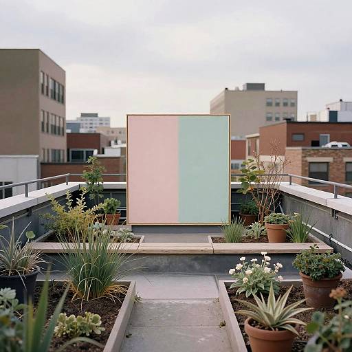 Urban Rooftop Garden with Pastel Art Panel