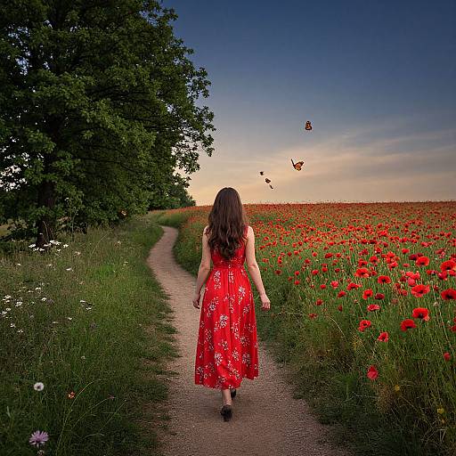 Woman in Red Dress and Poppy Field
