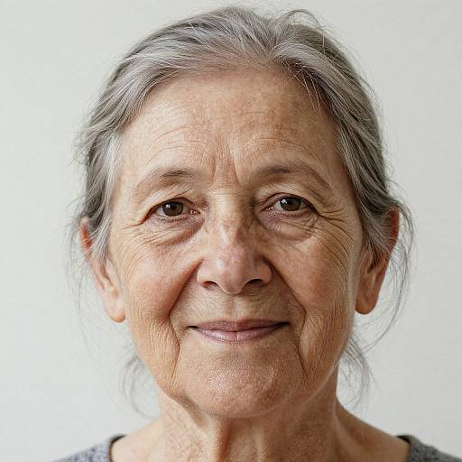 Photograph of a smiling elderly woman with gray hair, wrinkled skin, brown eyes, and subtle makeup, against a plain white background.