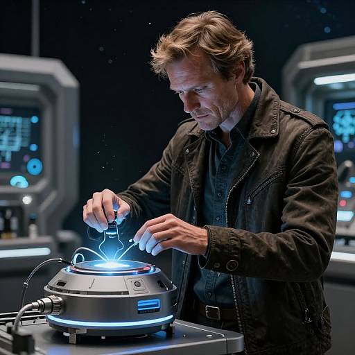 Photograph of a middle-aged man with short brown hair, wearing a black jacket, using a glowing, blue-lit, futuristic device in a high