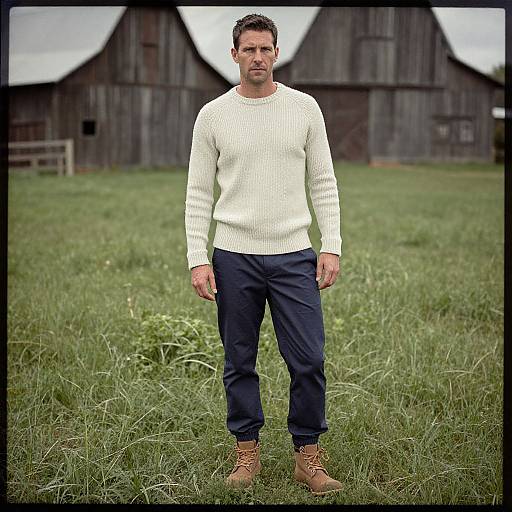 Photograph of a middle-aged man with short dark hair, wearing a white knit sweater, dark blue pants, and brown boots, standing in a grass