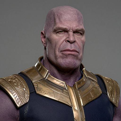 CGI portrait of bald, muscular man with purple skin, stern expression, wearing gold-armored chest plate against gray background.