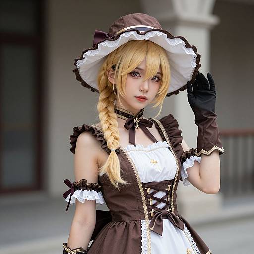 Digital anime-style photograph of a blonde woman in a brown and white gothic lolita dress, black gloves, and hat, with a braid,