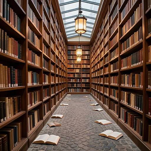 Photograph of a narrow, wooden-paneled library aisle with tall bookshelves on both sides, hexagonal gray tile floor, and open books scattered