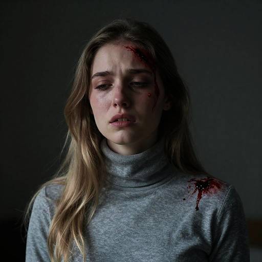 Injured young woman with blood on face and clothing