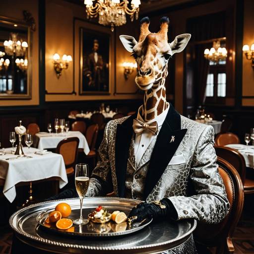Elegant Giraffe Maître D' Portrait in Restaurant