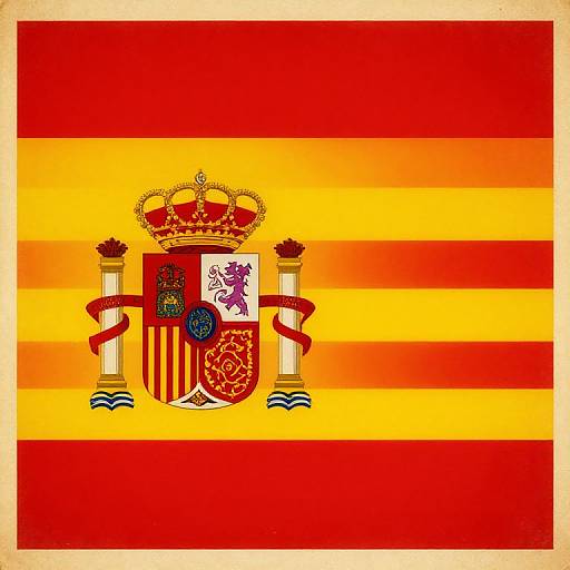Spanish flag with red and yellow horizontal stripes, featuring the national coat of arms centered, including a crown and heraldic shields. Digital illustration.