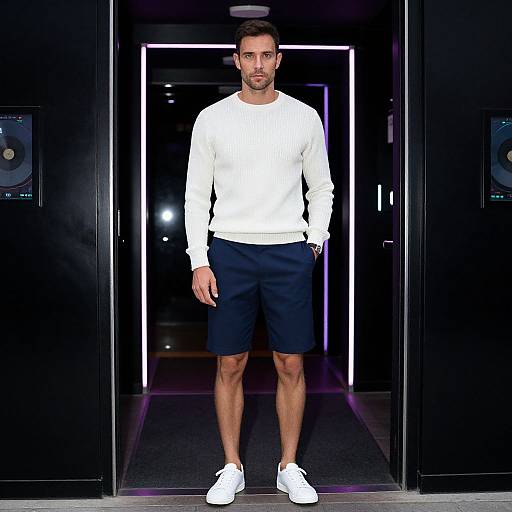 Photograph of a muscular, bearded man in a white long-sleeve shirt, black shorts, and white sneakers, standing in a dark doorway