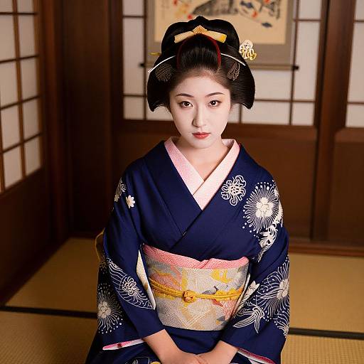 Photograph of a young Japanese woman in a traditional navy blue kimono with white floral patterns, pink sash, and black hair up, seated in