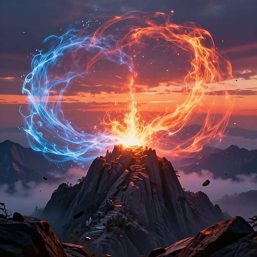 Digital artwork of a fiery mountain peak at sunset, surrounded by glowing blue and orange elemental rings, against a misty mountainous background.