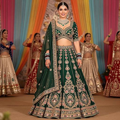 Photograph of a confident Indian bride in a green, gold-embroidered lehenga, standing center-stage with a colorful, draped background and six