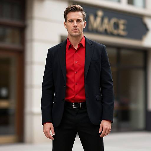Photograph of a serious-looking, fair-skinned man with short brown hair in a black suit and red shirt standing in front of a blurred 