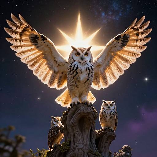 Photograph of a majestic owl with glowing wings, perched on a tree, illuminated by a radiant sunburst, surrounded by a starry night sky