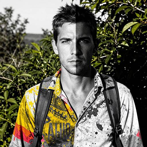 Split-face photograph of a man with messy dark hair, wearing a colorful, splattered polo shirt and backpack, standing against green foliage. Monochromatic