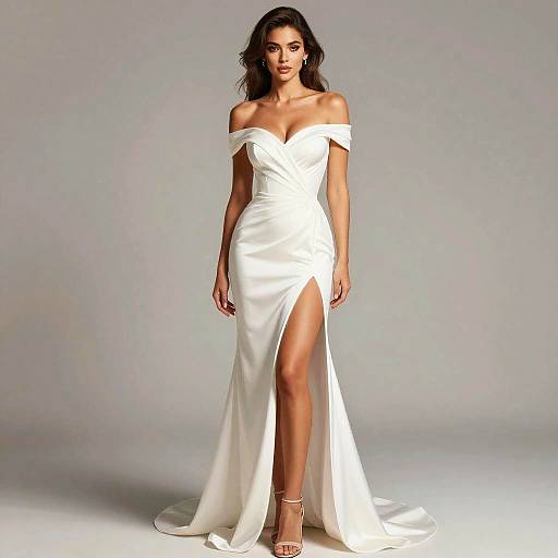 Photograph of a woman with long dark hair wearing a white, off-the-shoulder, high-slit evening gown, standing against a plain gray