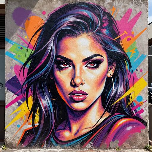 Vibrant digital portrait of a serious, dark-haired woman with intense eyes, colorful graffiti background, and bold, expressive brushstrokes.