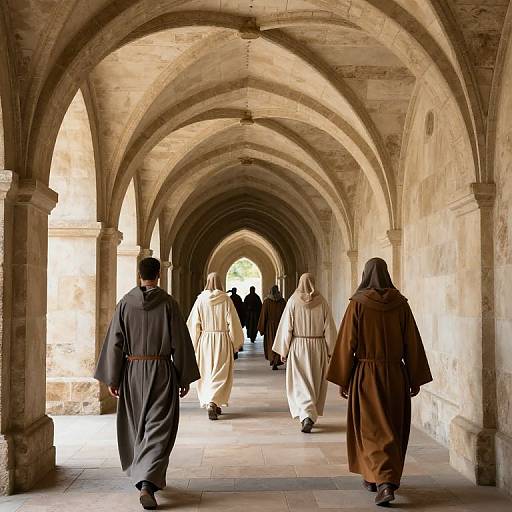 Photograph of monks in long robes walking down a sunlit, arched stone corridor, with soft shadows and a distant green light.