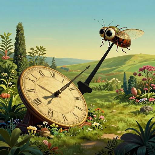 Surreal Sundial with Giant Clock Hands and Insect