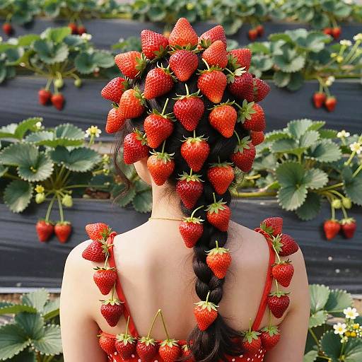 Photograph of a woman with a long black braid adorned with red strawberries, back facing, in a strawberry field.