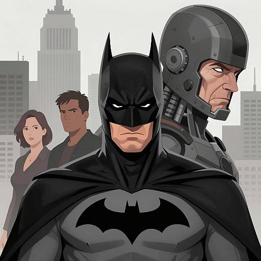 Illustrated Batman with Urban Skyline and Characters