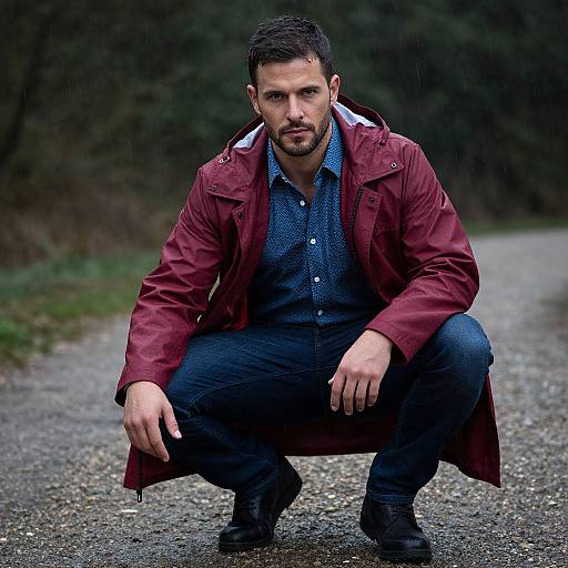 Photograph of a bearded, dark-haired man in a red coat, blue button-up, and dark jeans, squatting on a gravel path with