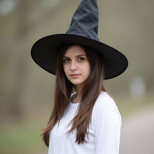 Photograph of a young woman with long brown hair, fair skin, wearing a black witch hat and white shirt, standing in a blurred, forested