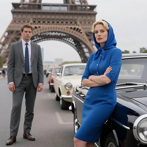 Elegant Couple by Classic Cars and Eiffel Tower