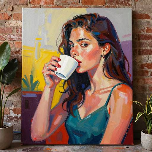 Digital painting of a brunette woman with red nails, green tank top, sipping from a white cup, set against a brick wall with potted plants