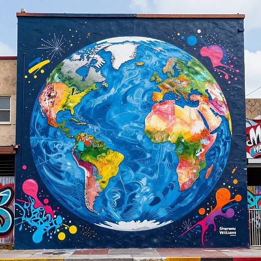 Vibrant mural of Earth with colorful continents and swirling blue oceans on a black brick wall, surrounded by graffiti splashes. Urban street setting.