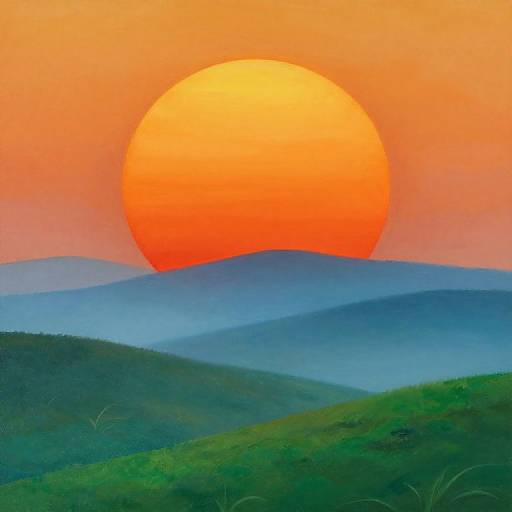 Photograph of a vibrant orange sunset over layered blue-green rolling hills, with a large, glowing sun partially obscured by the hills' peaks.