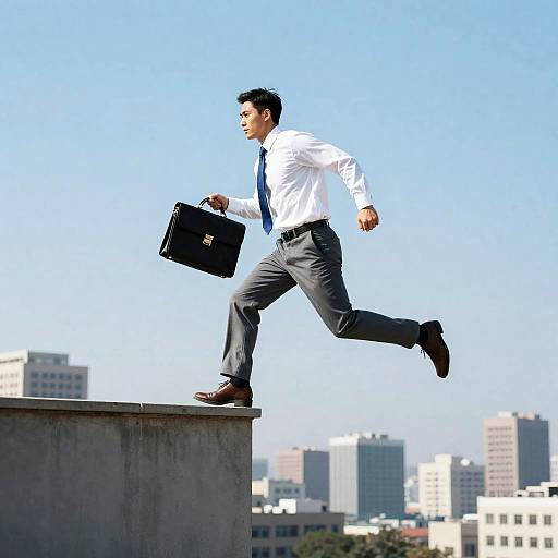Dynamic Businessman Running on Skyscraper Edge