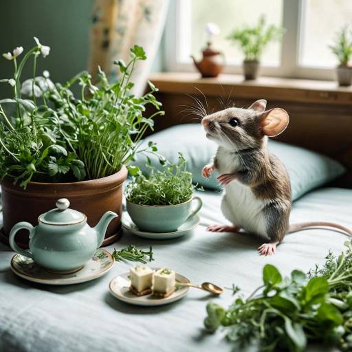 Curious Mouse with Miniature Teapot and Fresh Herbs