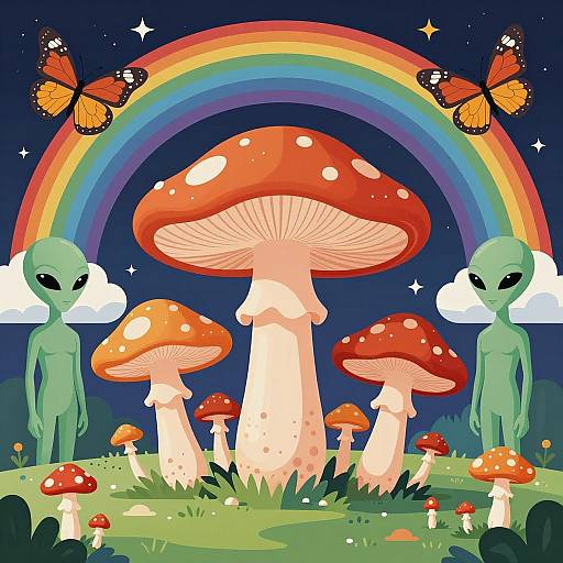 Psychedelic Mushroom Landscape with Aliens and Rainbow