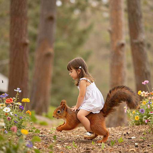 Photograph of a young girl in a white dress, squatting and gently holding a red squirrel's tail in a colorful forest clearing with tall trees and