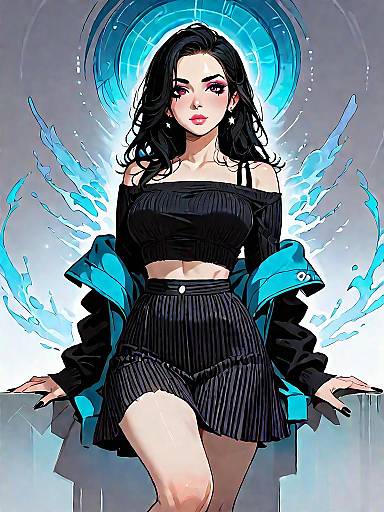 Stylish Woman in Black Crop Top and Striped Skirt