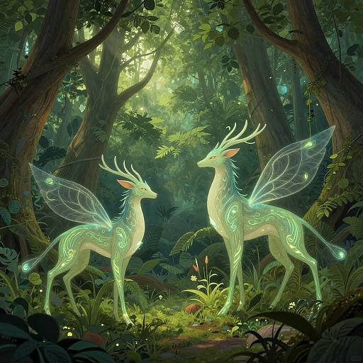 Digital fantasy artwork of two glowing, ethereal deer with transparent wings and neon green markings in a lush, sunlit forest.