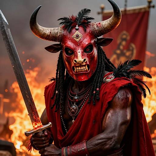 Photograph of a fierce, demonic minotaur warrior with red painted face, black dreadlocks, red cape, holding sword, fiery background, orn