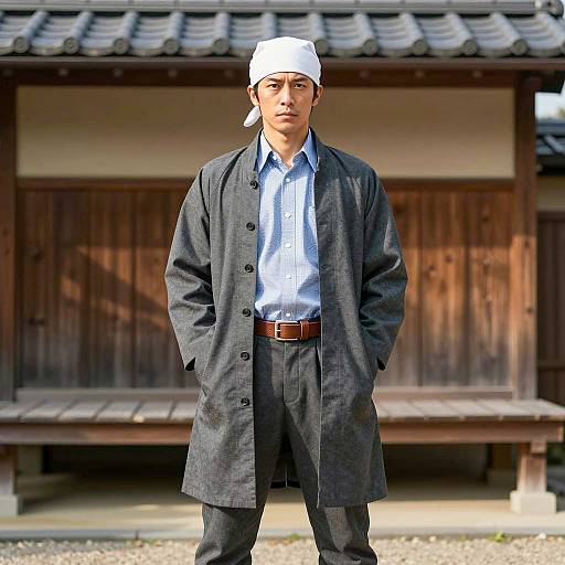 Man in Traditional Japanese Setting Wearing White Headscarf