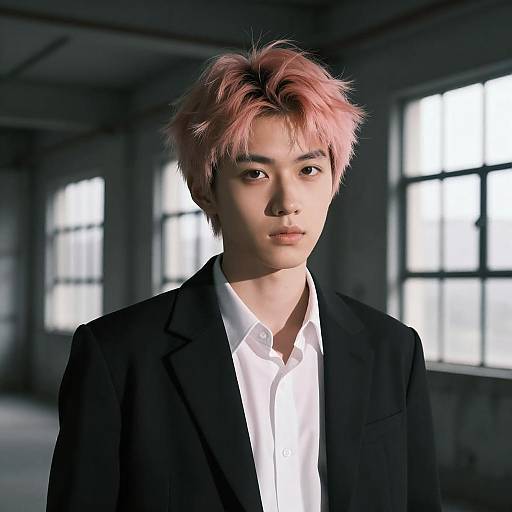 Young Man with Pink Hair in Black Blazer