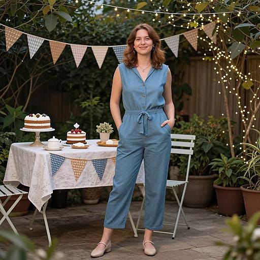 Photograph of a smiling woman in a blue jumpsuit, standing in a garden with string lights, decorated tables, and cake.
