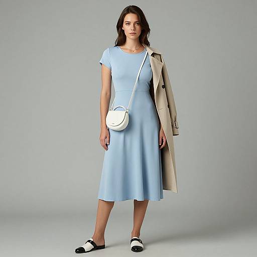 Photograph of a young woman with dark hair in a light blue knee-length dress, beige coat draped over her shoulder, white circular purse, and black