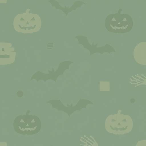Patterned digital illustration in mint green with repeating Halloween-themed bats, jack-o'-lanterns, and scattered symbols, creating a spooky, whimsical