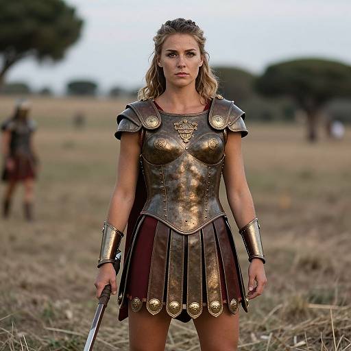 Photograph of a blond, muscular woman in ancient Roman-style armor, standing in a grassy field, holding a sword, with blurred figures in the