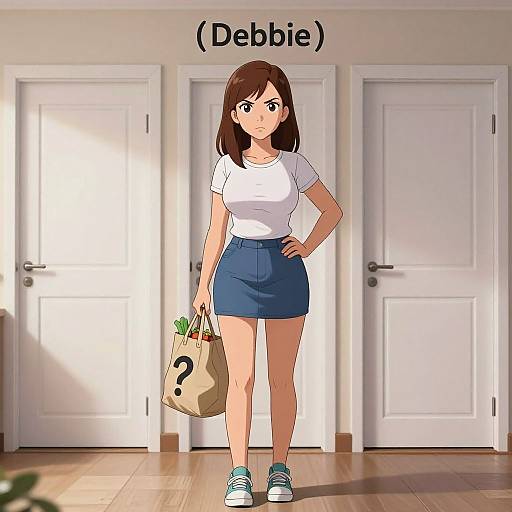Anime-style digital drawing of a brown-haired woman in a white t-shirt, blue skirt, and teal sneakers, holding a bag with a question mark,